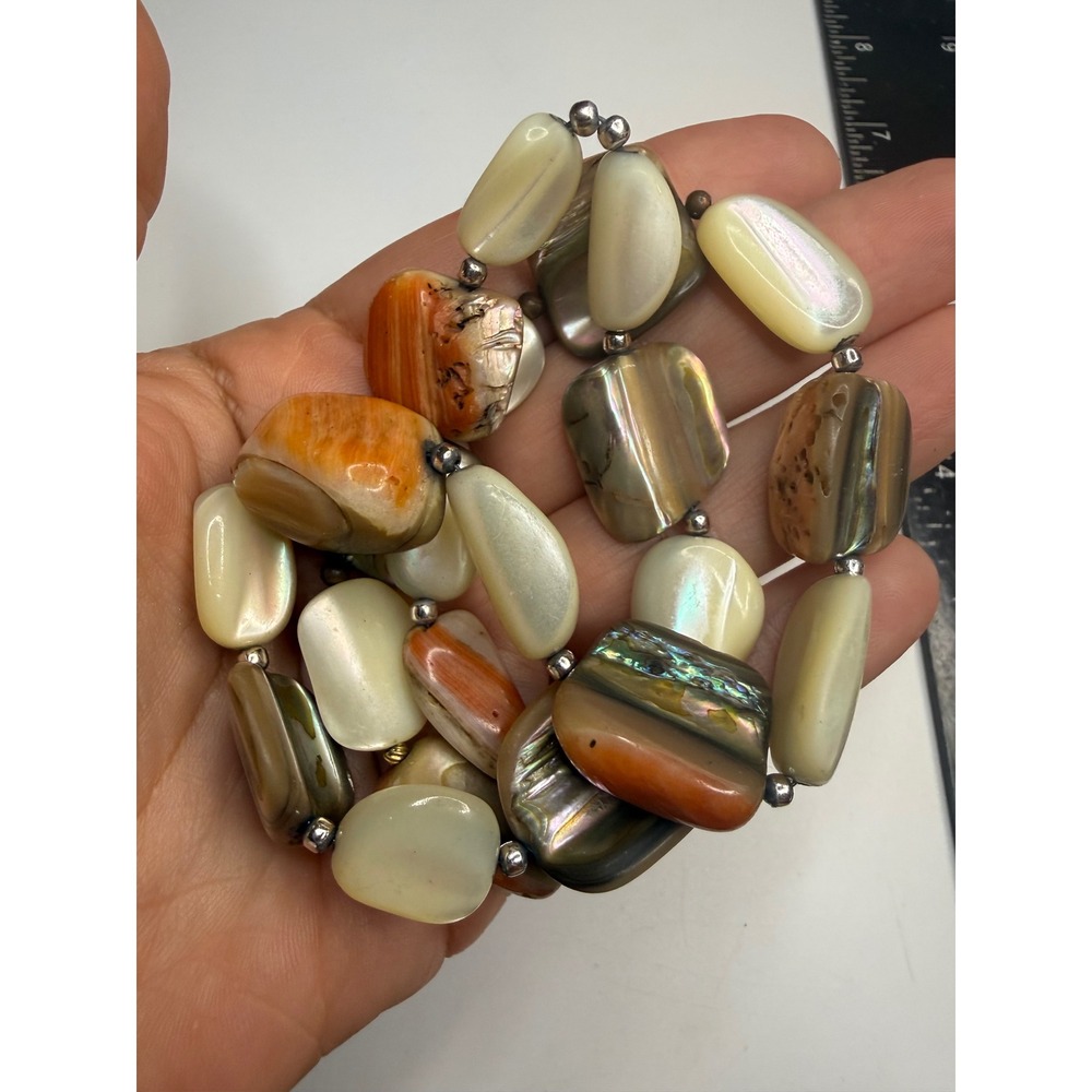 Chunky Mother of Pearl Abalone Shell Necklace Iridescent Orange Cream 19 Inch